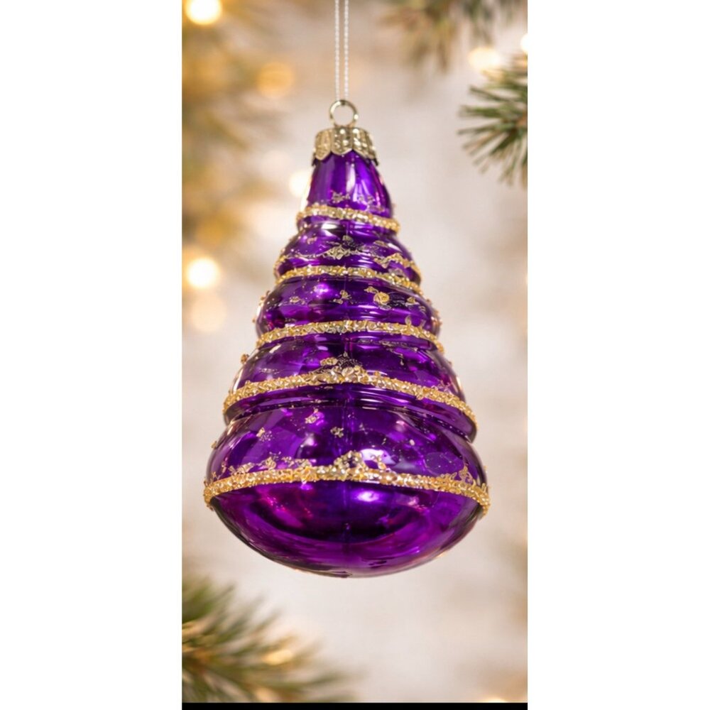 Purple Glass Christmas Tree Ornament 8” Gold Glitter Hand Blown Vintage Style